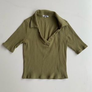 Reformation Rooney Knit Top Women’s Small Green Stretch Collared Cropped Ribbed